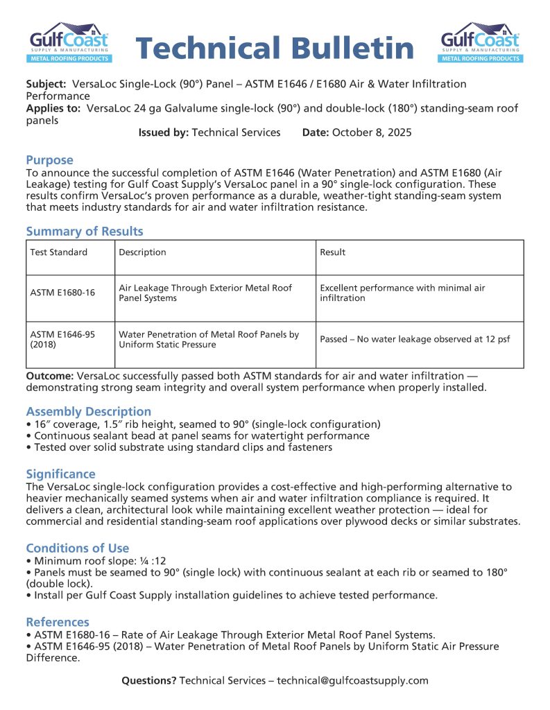 Technical bulletin on VersaLoc panel performance and standards.