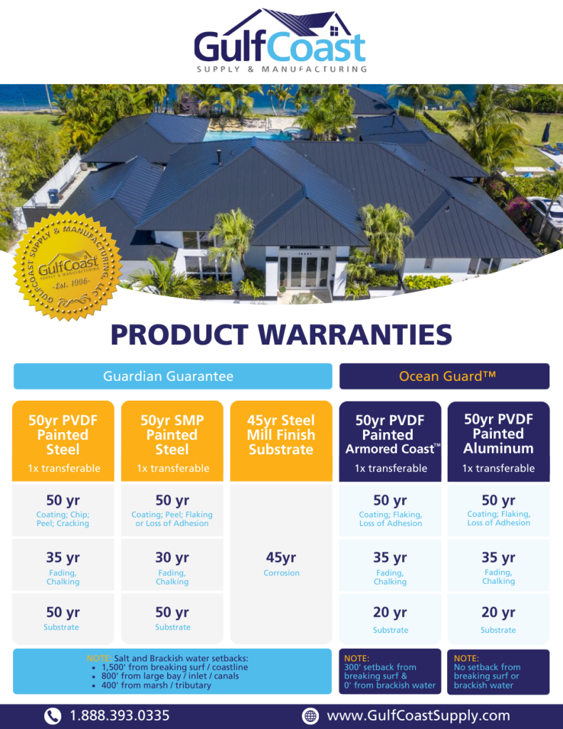 Gulf Coast product warranties for roofing materials.